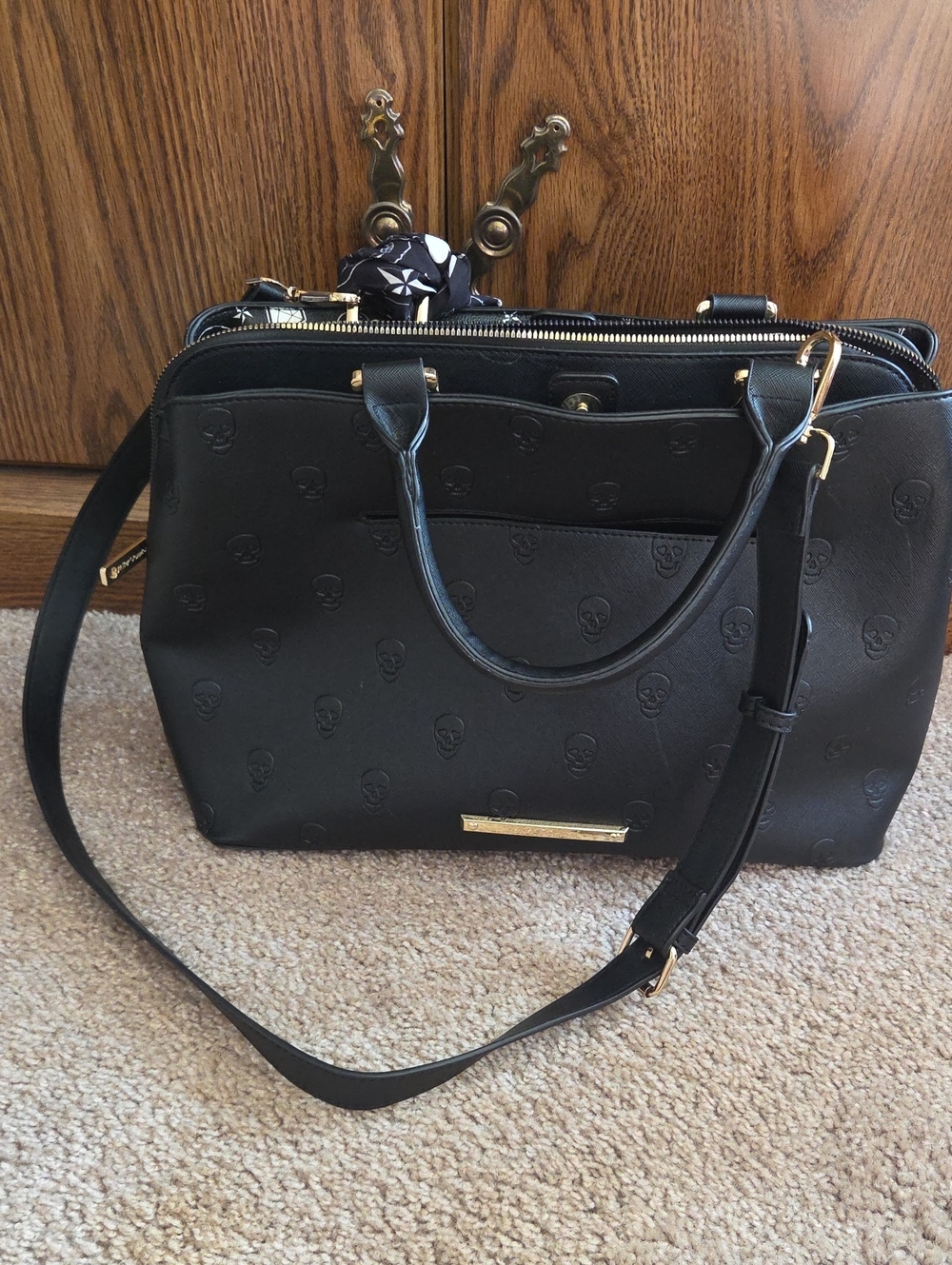 Betsey Johnson Black Embossed Skull Satchel with Gold Hardware